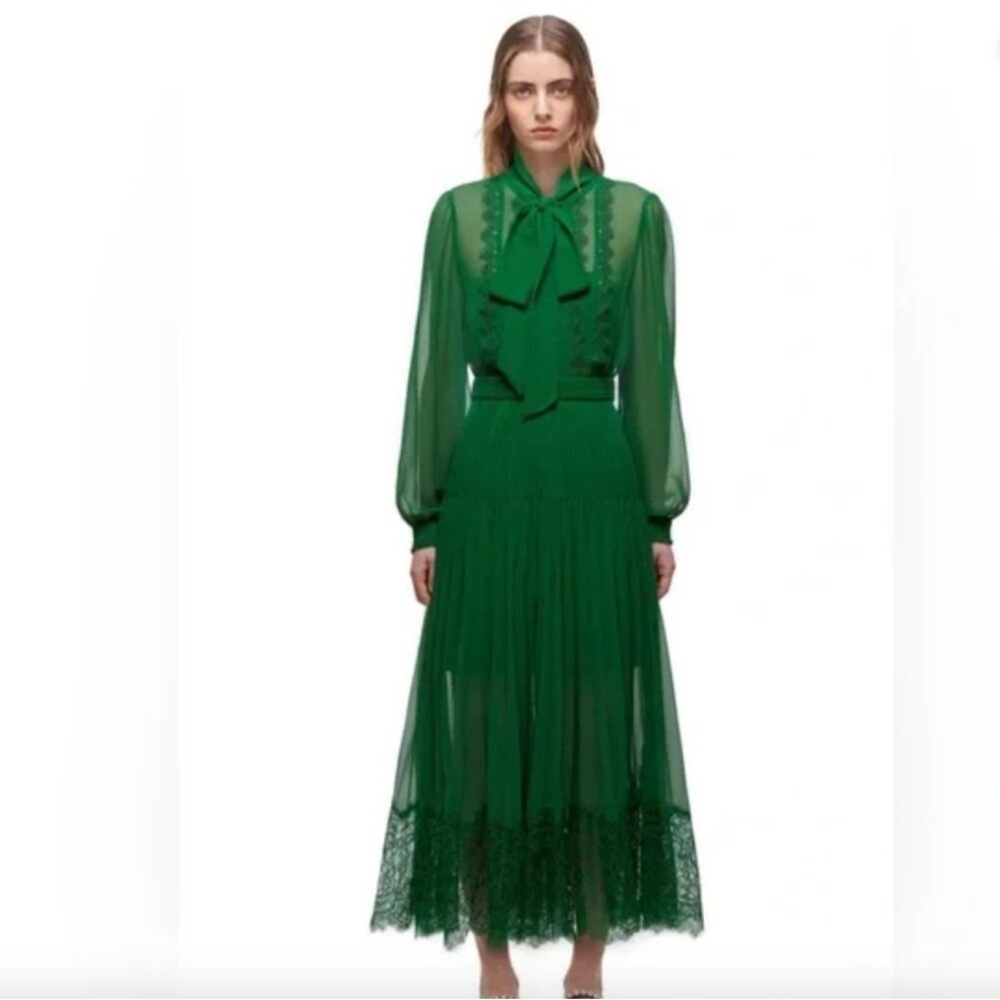 Self Portrait Green Chiffon Lace Midi Maxi Dress US 8